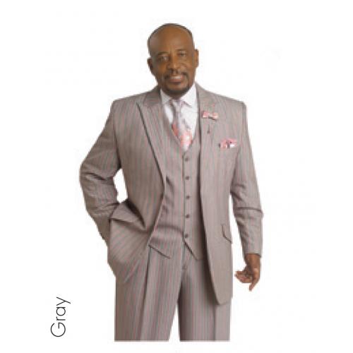 E. J. Samuel Gray / Pink Pinstripes Vested Suit M2647